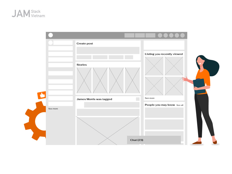 Lo-fi wireframe mô phỏng concept tổng quan, phác thảo các component dự kiến và không đi vào chi tiết