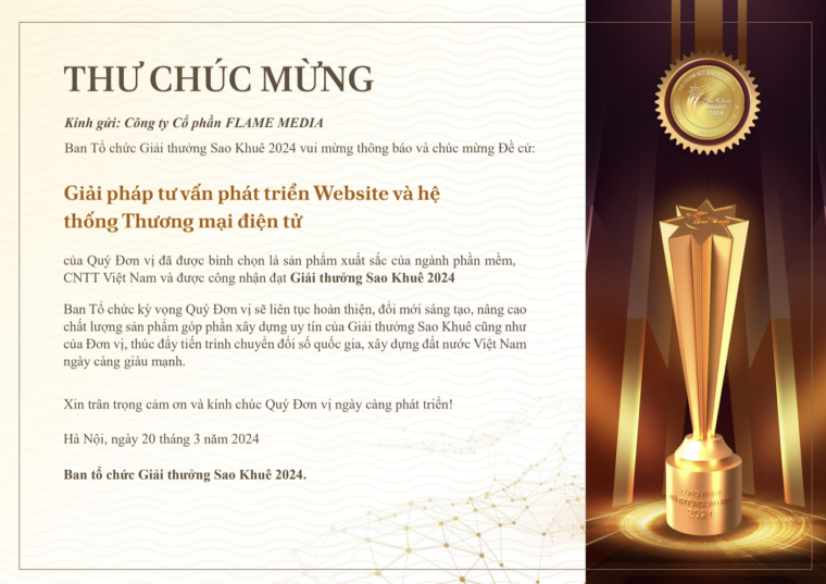 Thư ch&uacute;c mừng Giải ph&aacute;p tư vấn ph&aacute;t triển Website v&agrave; hệ thống Thương mại điện tử của JAMstack Việt Nam được c&ocirc;ng nhận đạt Giải thưởng Sao Khu&ecirc; 2024