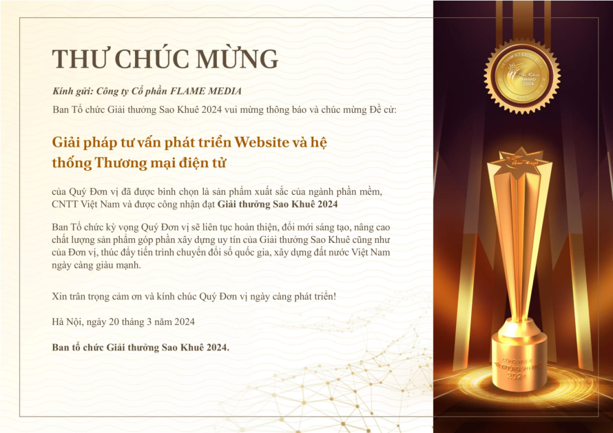 Thư ch&uacute;c mừng Giải ph&aacute;p tư vấn ph&aacute;t triển Website v&agrave; hệ thống Thương mại điện tử của JAMstack Vietnam được c&ocirc;ng nhận đạt Giải thưởng Sao Khu&ecirc; 2024